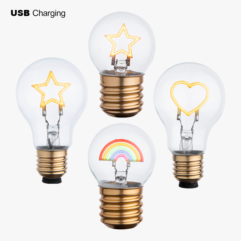 DIY Shape Rainbow Heart Star E26 E27 E40 Clear A60 LED Filament Bulb Cartoon Bulb 0.2W USB Rechargeable Bulb