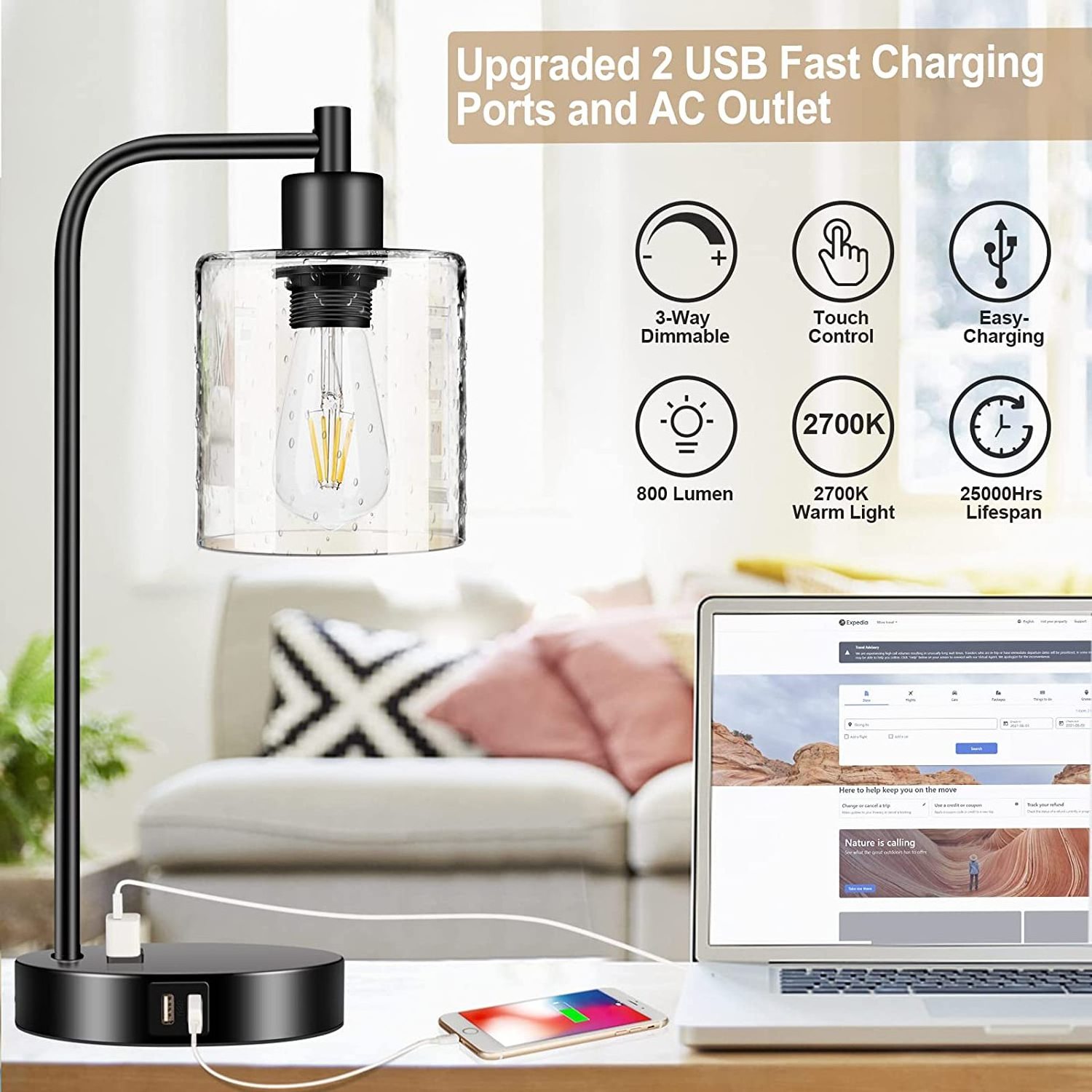 Industrial Modern Style Touch Control Table Lamps with LED Filament Bulb for Indoor Bedroom