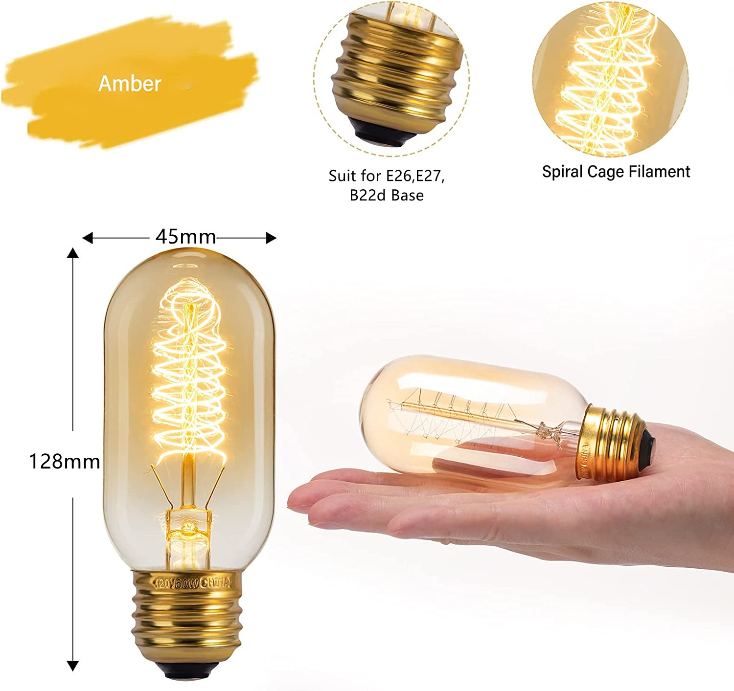 Vintage T45 Edison Lamp E26 E27 B22 Ra99 Amber Clear Bulb Shell 40W 60W Spiral Squirrel Cage 110v 220v