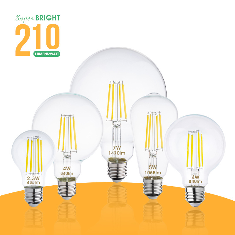 A60 G80 G95 G125 ST64 Super Bright Class A 2.3W 4W 5W 7W 210lm/w CCT Clear Glass LED light Filament Indoor