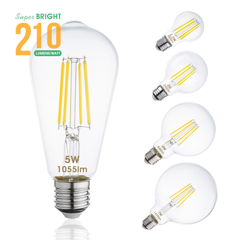 A60 G80 G95 G125 ST64 Super Bright Class A 2.3W 4W 5W 7W 210lm/w CCT Clear Glass LED light Filament Indoor