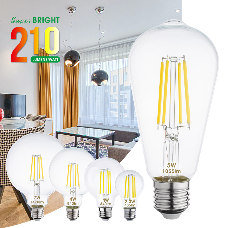 A60 G80 G95 G125 ST64 Super Bright Class A 2.3W 4W 5W 7W 210lm/w CCT Clear Glass LED light Filament Indoor