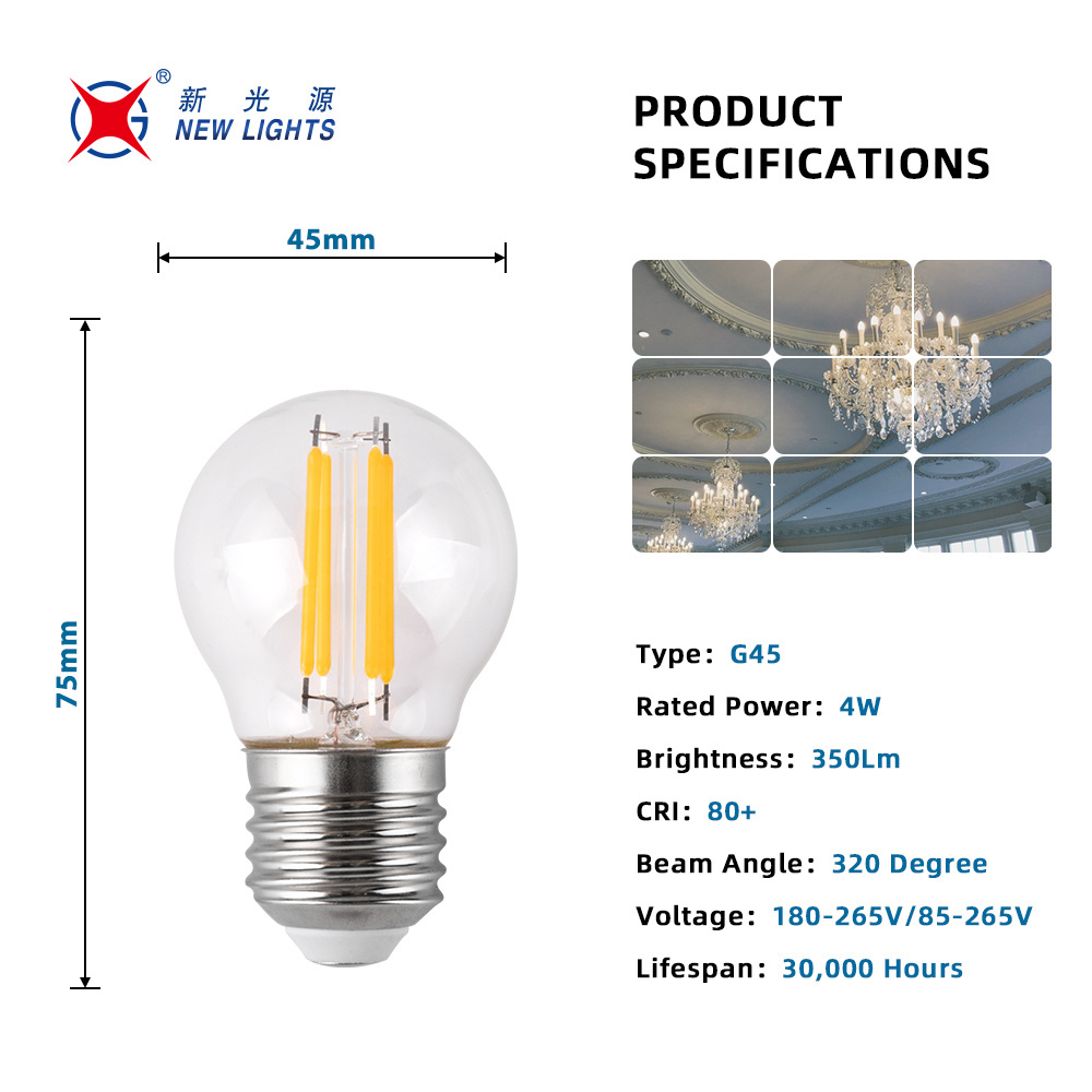 Light Manufacturer Globe Bulb G45 LED Filament Clear Glass Bulb 2W 4W 5W Dimmable