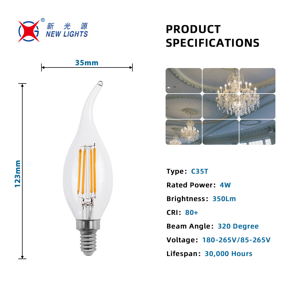 Factory Supply Candelabra C35T Dimmable LED Filament Bulb Glass Clear Frosted Amber Opal Lamp CCT