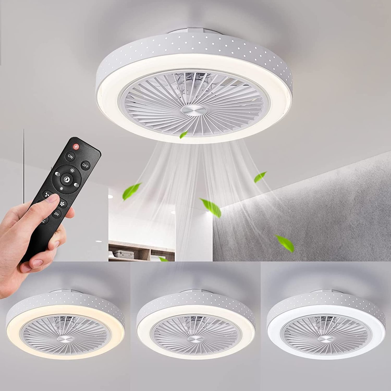 Hot Selling Bladeless Fan Bulb Enclosed Socket Ceiling Fans with Light Dimmable 3 Wind Speeds 3 Light Remote Flush Mount