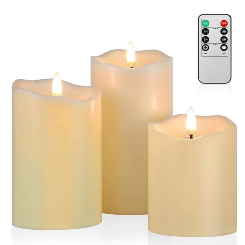 2021 Set of 3 Battery Operated Electric Flickering Decorative Moving Flame Led Wax Pillar Candles with Remote Control