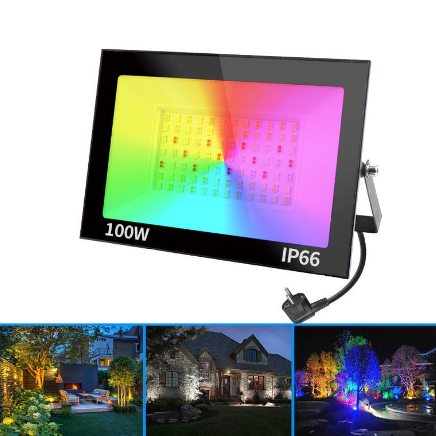 Smart Alexa Google Assistant Remote App Control Color Changing IP66 Waterproof Outdoor Stadium 30W 50W 100W RGB LED Flood Light