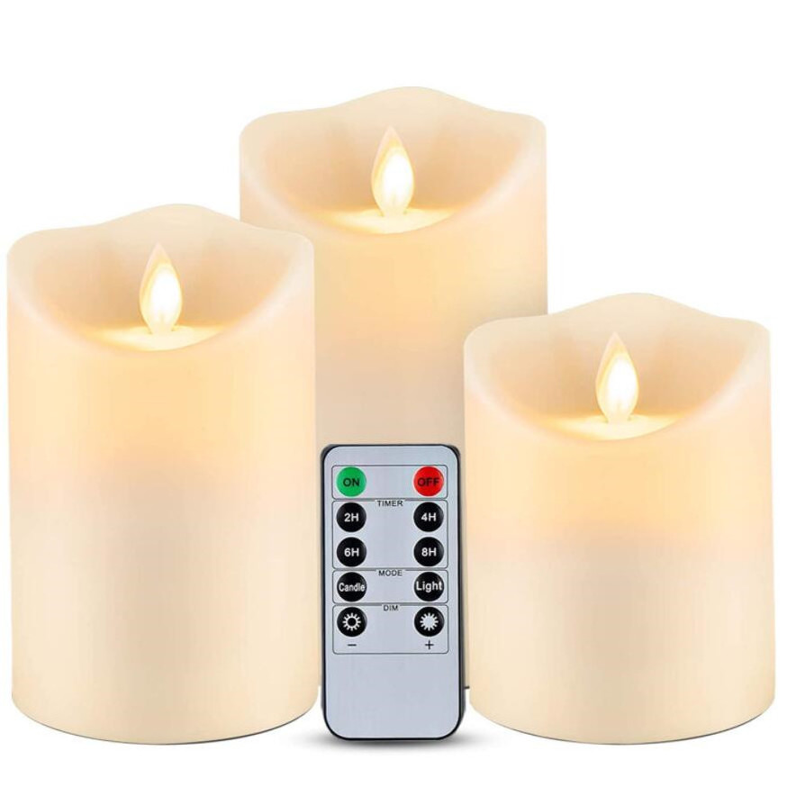 2021 Set of 3 Battery Operated Electric Flickering Decorative Moving Flame Led Wax Pillar Candles with Remote Control