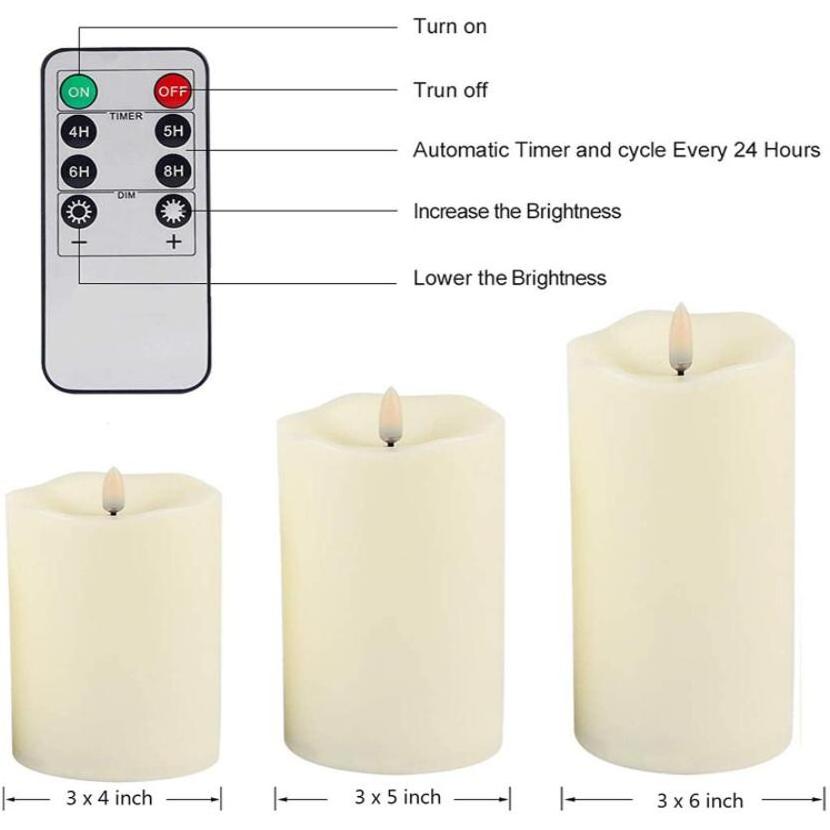 2021 Set of 3 Battery Operated Electric Flickering Decorative Moving Flame Led Wax Pillar Candles with Remote Control