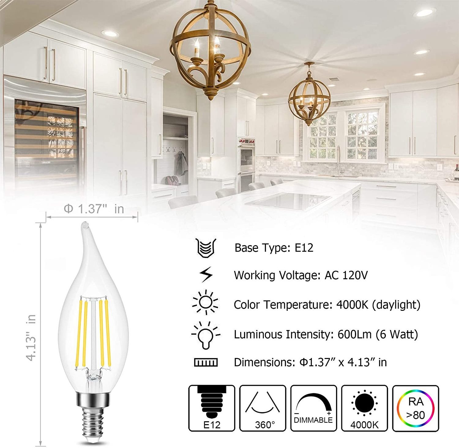 US Market Amber Clear 110V 220V Dimmable C35 C35T C37 B11 B10 E12 E14 2W 4W 5W Edison Filament Candle Bulbs Candle Lights