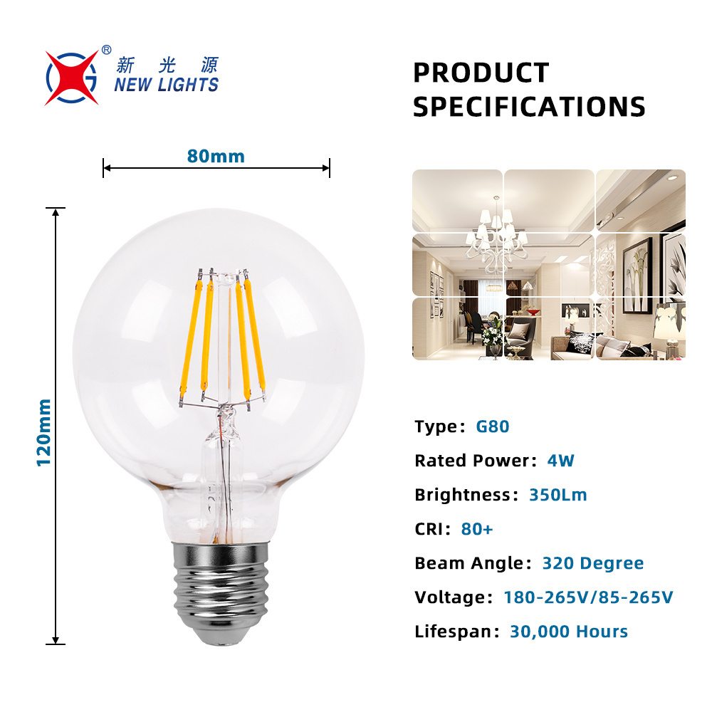 Dimmable LED Edison Light Bulb G25 G80 Globe Shape Clear Amber 40 Watt Equivalent 4W 2700K E26 E27 Vintage Led Filament Bulb