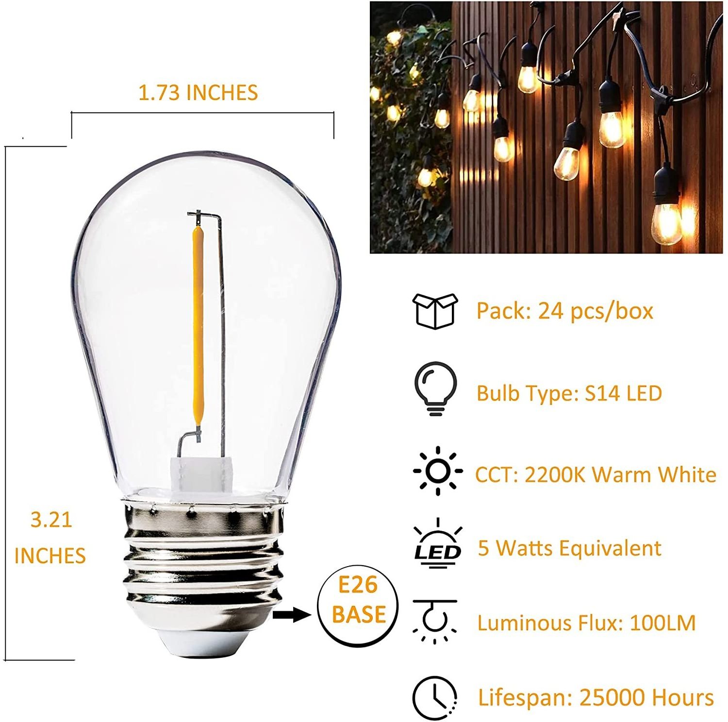 Outdoor Led String Lights 50FT with E26 E27 S14 Clear Glass Bulbs1 Watt Dimmable 2700K Warm White IP65 Waterproof S14 Bulb