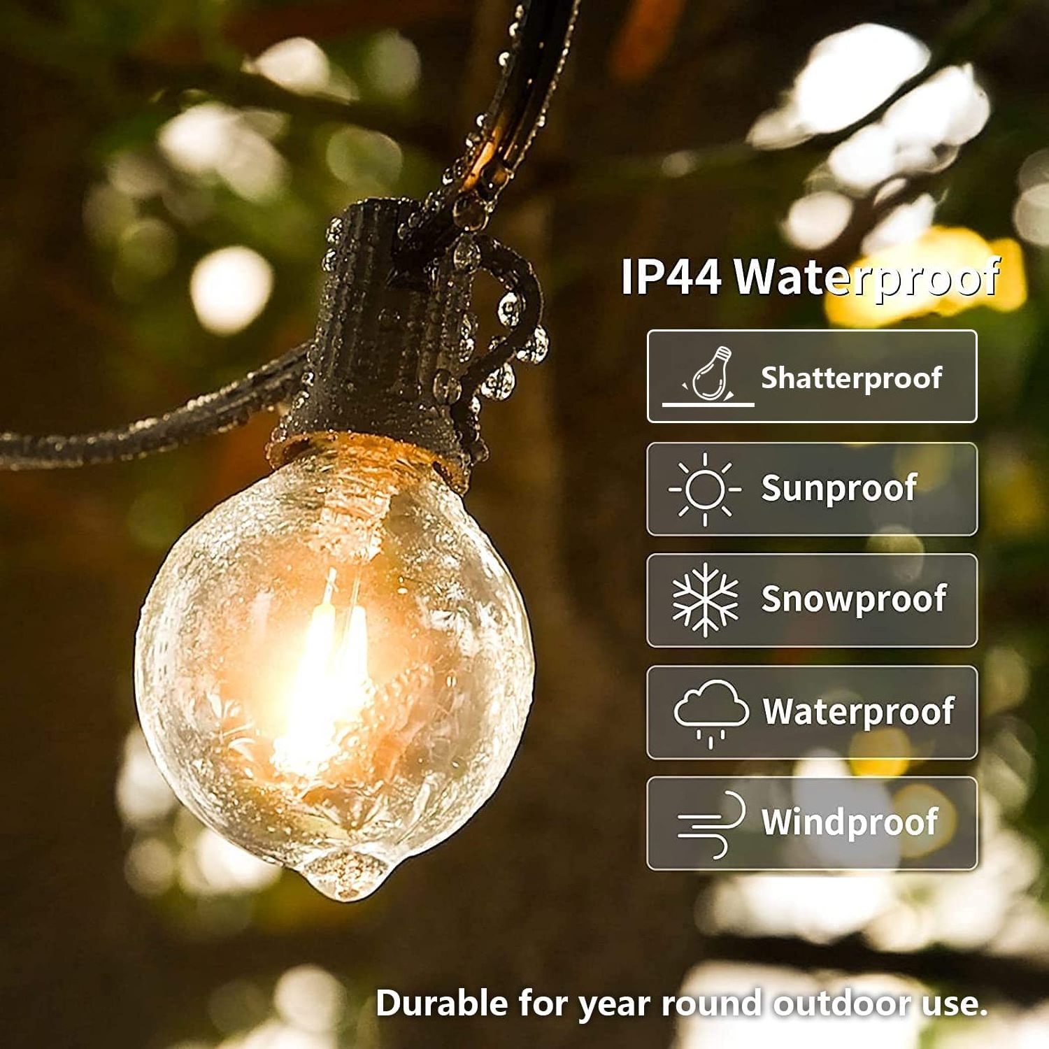 Outdoor String Lights IP65 Waterproof Shatterproof Amber Clear S14 G80 PC Dimmable Globe Outside 48FT LED Hanging String Lights