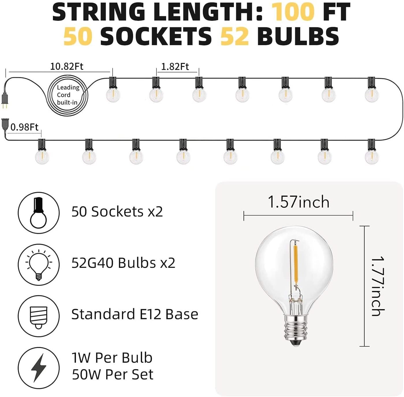 Outdoor String Lights IP65 Waterproof Shatterproof Amber Clear S14 G80 PC Dimmable Globe Outside 48FT LED Hanging String Lights