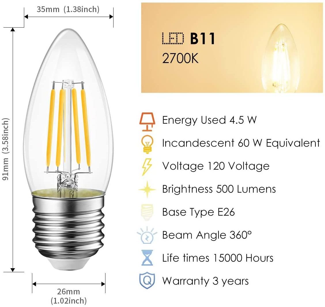 US EU Market Amber Clear B10 E12 E14 E26 E27 110v 220v 2w 4w 5w C35 C37 Dimmable Candle Light Bulb B11 LED Filament Bulb