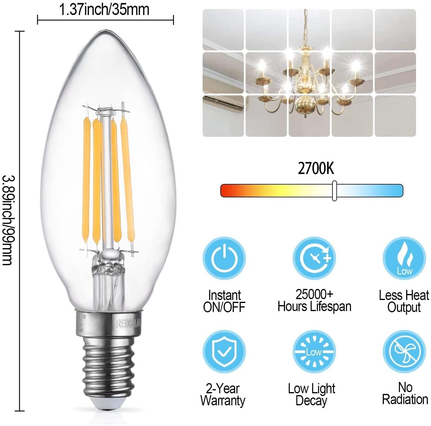 Vintage Candelabra C35 C35T B10 E12 E14 E26 E27 4W 5W 110V Warm White Dimmable E14 Base 4W Candle Lights LED Filament Bulb