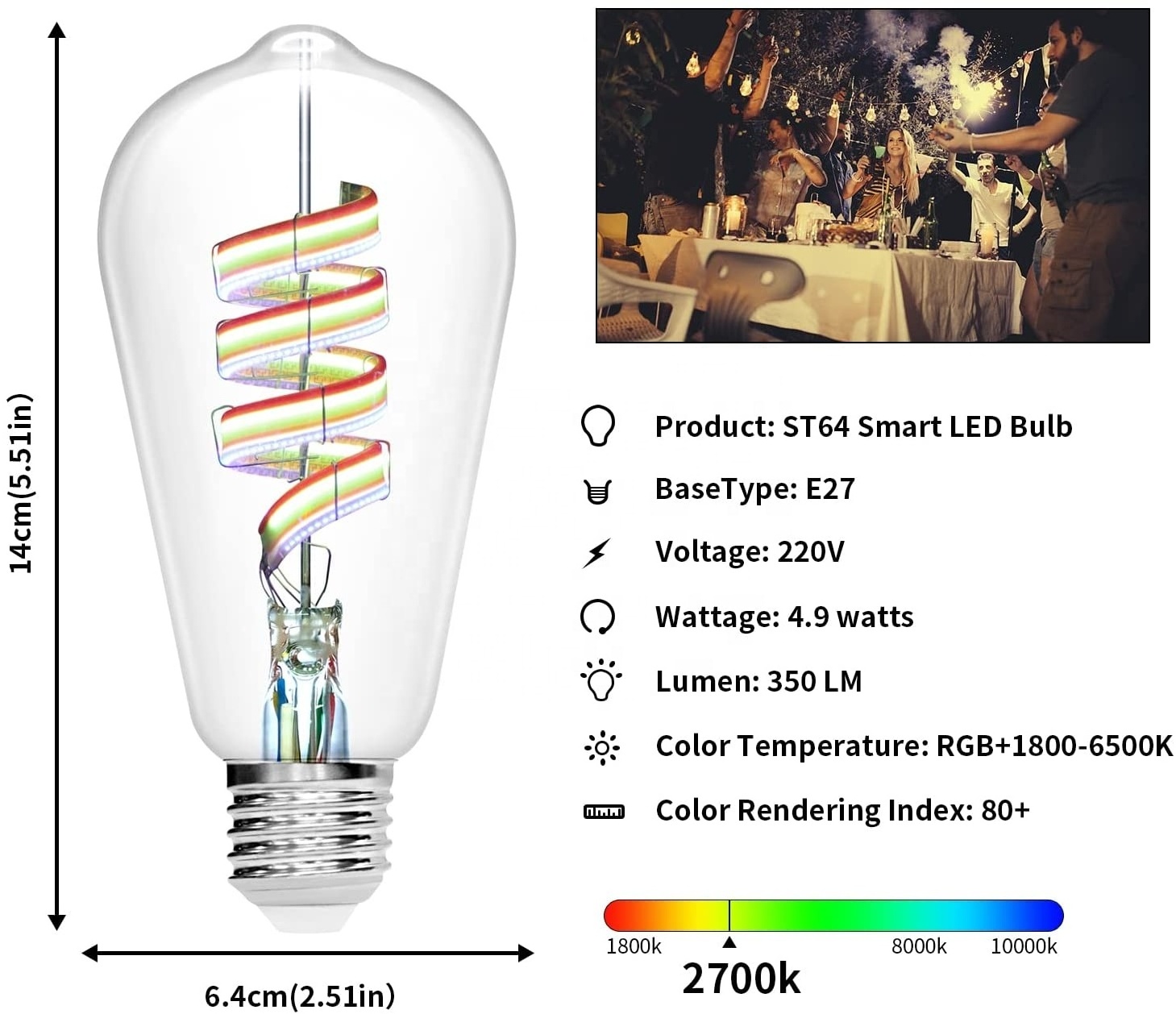 Wholesale Alexa Light Bulbs Opal E27 ST64 G95 Smart LED Vintage Edison 5 W WiFi RGB Dimmable Led Smart Filament Bulb