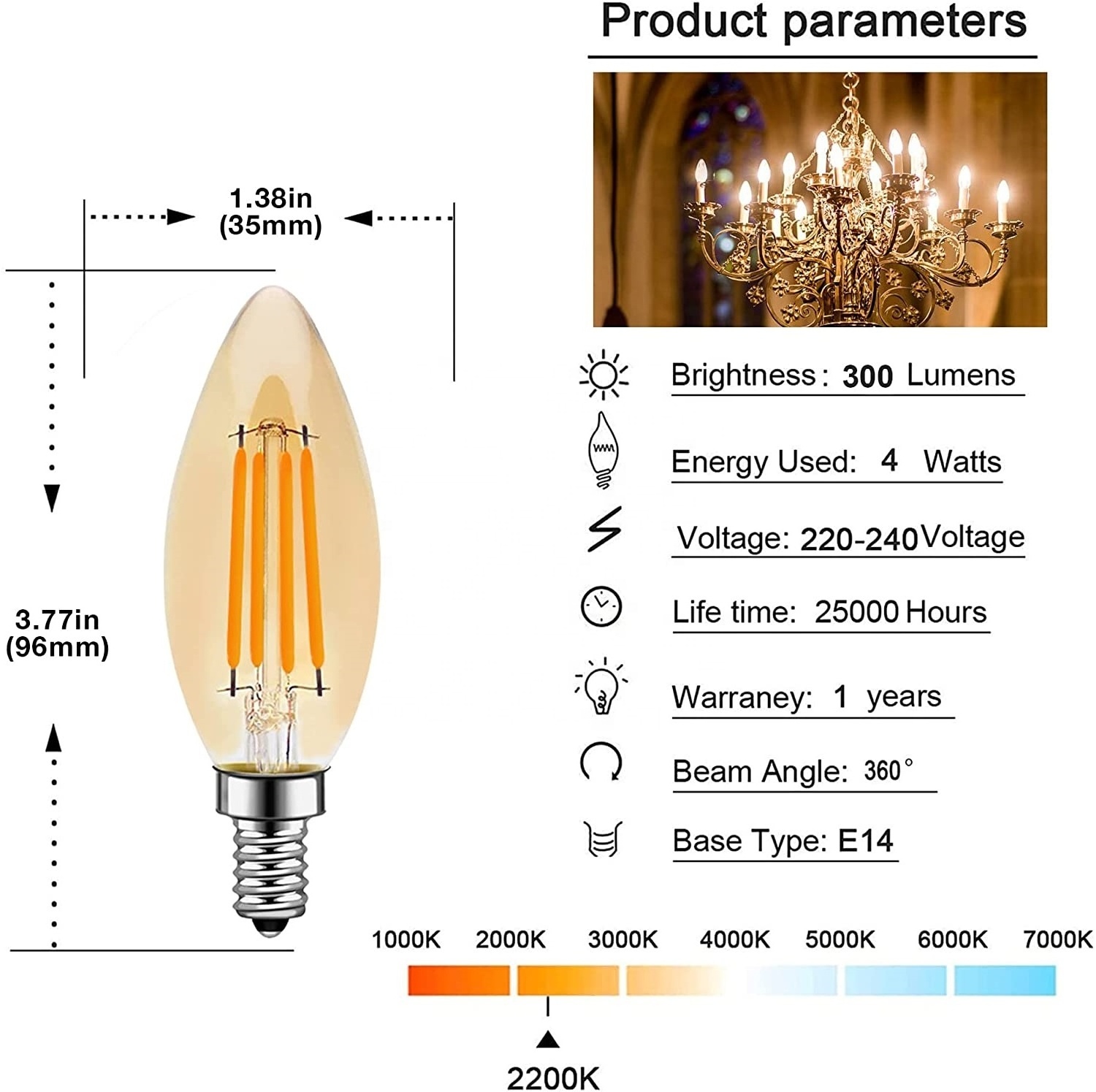 Factory Vintage Candelabra Bulb 2W 4W 5W Dimmable Amber C35 C35T C37 B11 B10 E12 E14 C35 4W Retro LED Filament Candle Bulb