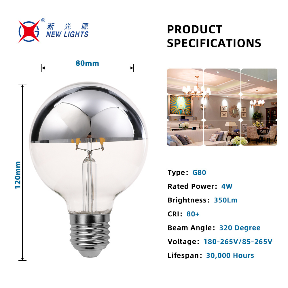 Half Silver LED Filament Bulb G80 G95 E27 Spherical Reflecterende Shadow Light Bulbs 4w 6w 8w Mirror Half Chrome Globe LED Bulb