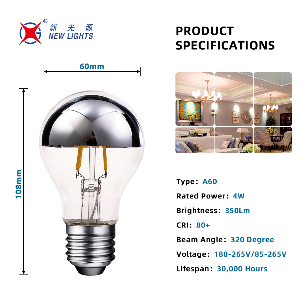 Half Silver LED Filament Bulb G80 G95 E27 Spherical Reflecterende Shadow Light Bulbs 4w 6w 8w Mirror Half Chrome Globe LED Bulb