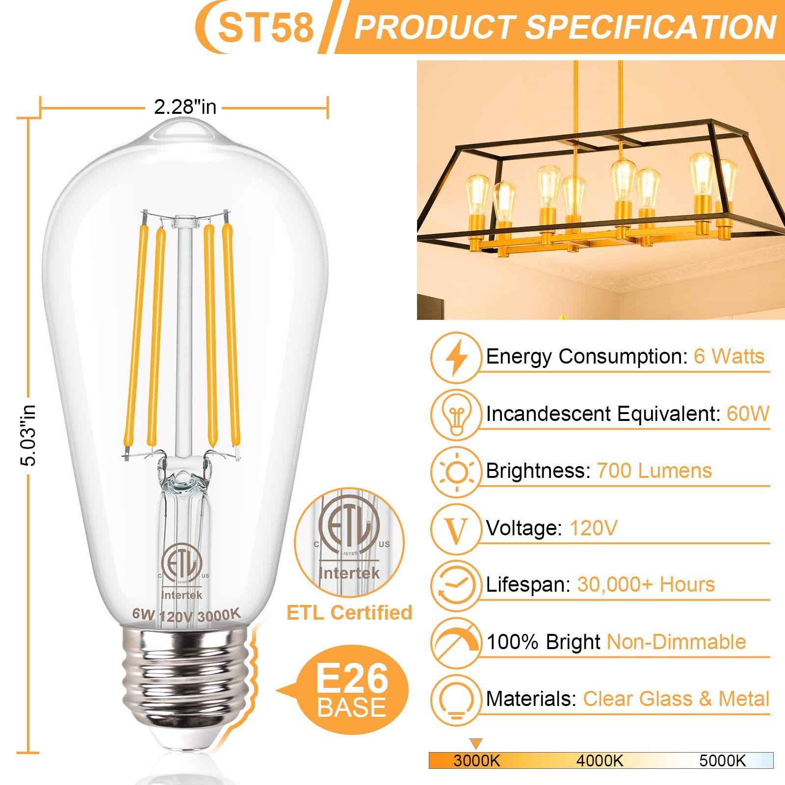 PSE UL CE ERP Antique Clear 4W 6W 8W Dimmable ST19 ST58 ST64 A19 A60 G80 G95 E26 Edison Bulbs Led Filament LED Bulb