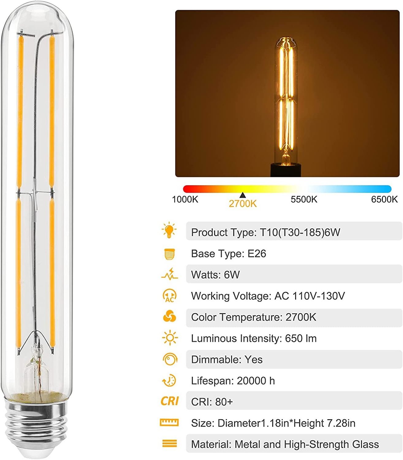 E26 Bulb 60 Watt Tubular, Soft White 2700k Edison Bulb  6W 650LM Dimmable T10 T28 T30 Vintage Tubular Led Bulb Light