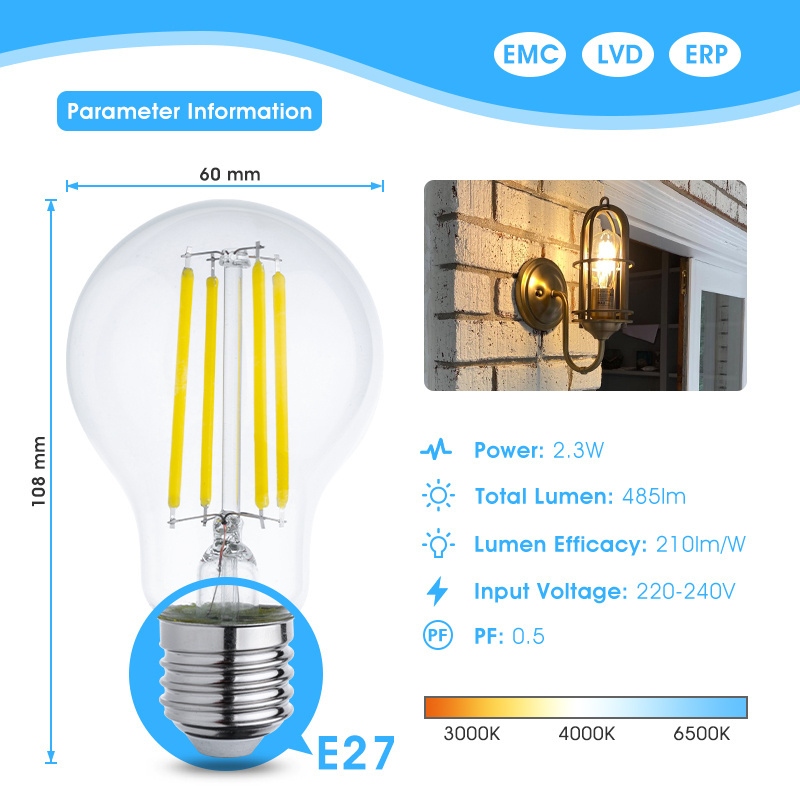 CE standard energy saving  indoor clear bulb style  super bright class A E27 E14 base 2.3W A60  5W ST64  4W G80 light led bulb