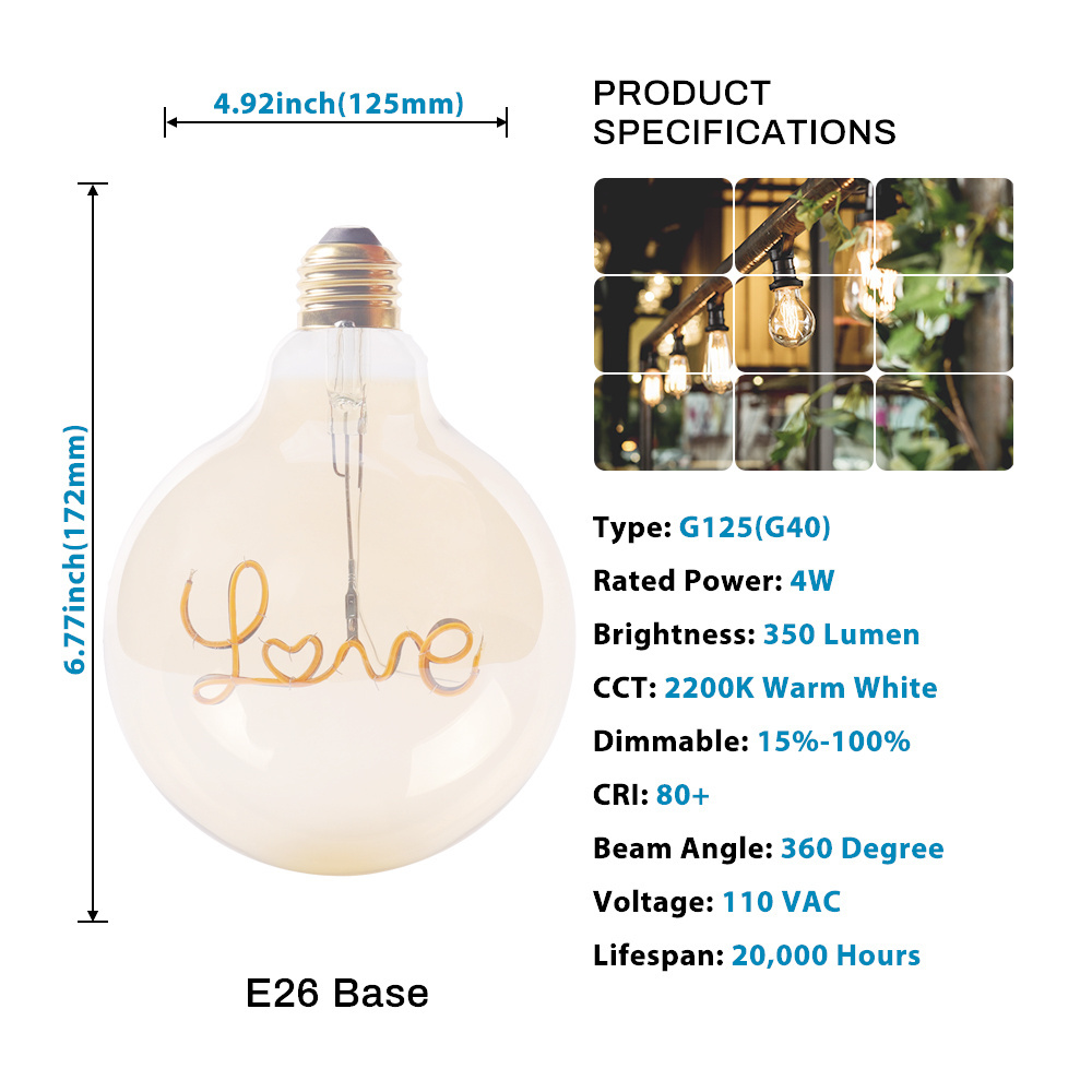 New Indoor Decorative Soft Filament Letter Bulb 110V 230V Love Happy Dance Fliment Shape G125 Amber Clear 4W Filament Led Bulbs