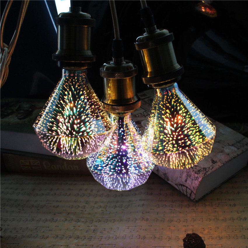 3D Firework A60 ST64 G125 Diamond-Shape 2W E26 E27 Holiday Party Wedding Decorative Bulb 3D Fireworks Decorative LED Light Bulb