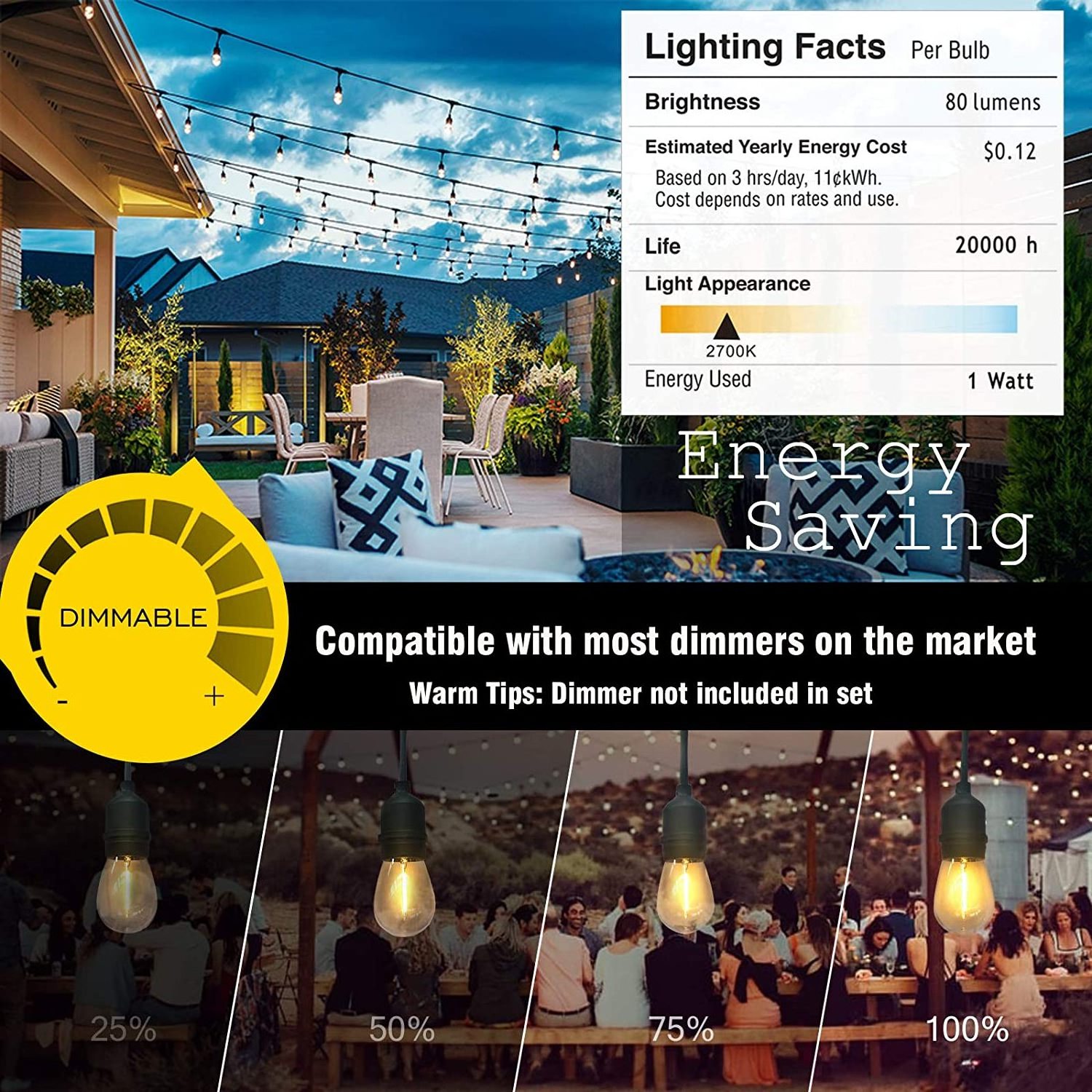 Outdoor String Lights LED 100FT 48FT with 30 Sockets S14 Dimmable Plastic Vintage Edison Bulbs IP65 Decoration LED String Light