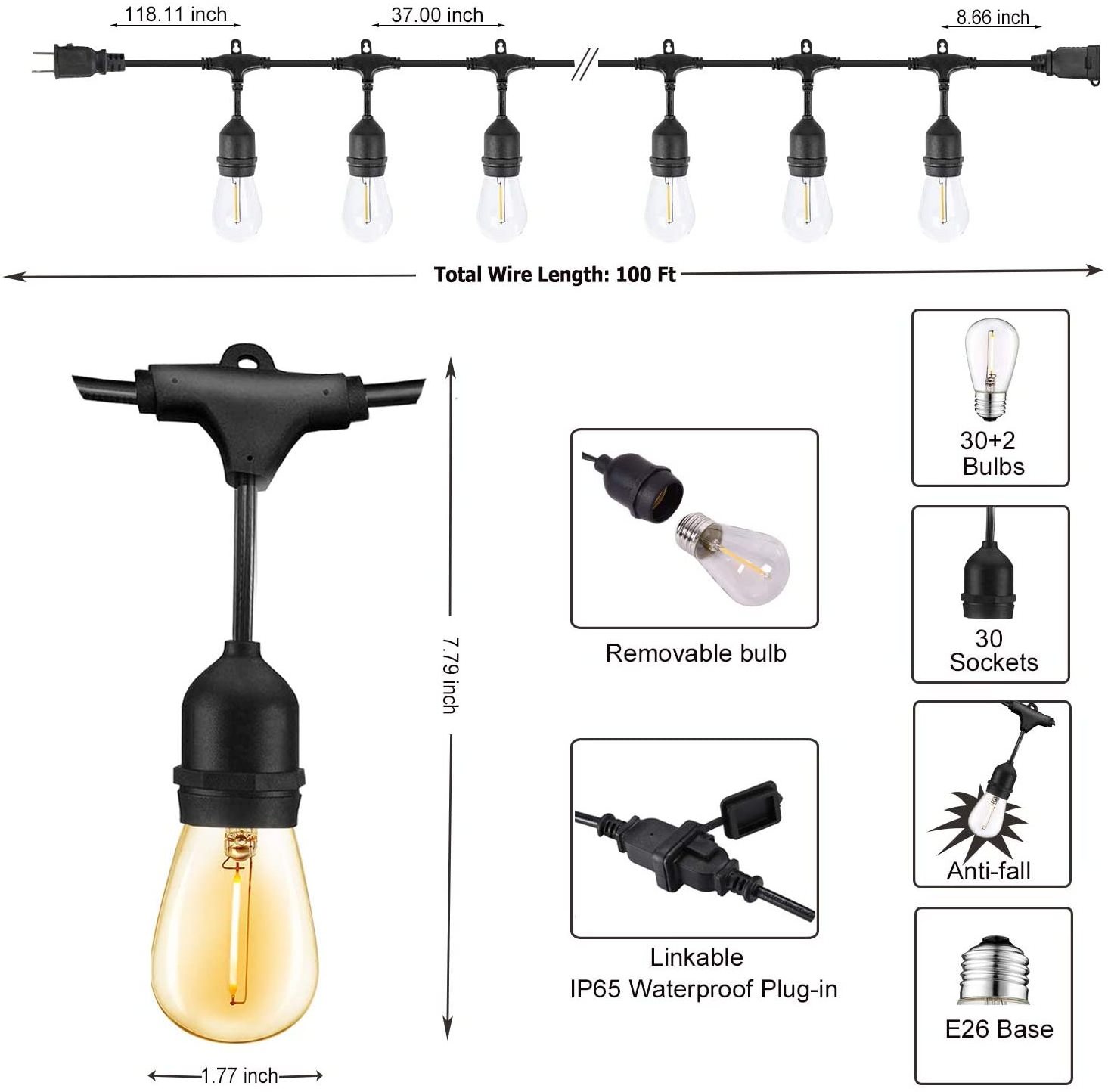 Outdoor String Lights LED 100FT 48FT with 30 Sockets S14 Dimmable Plastic Vintage Edison Bulbs IP65 Decoration LED String Light