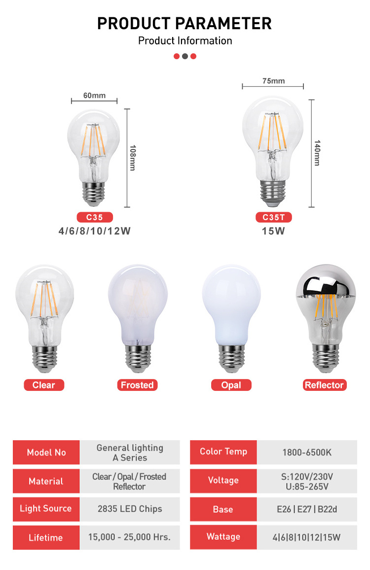 CE Vintage Led Light A60 ST64 ST58 G80 G95 G125 C35 G45 T30 T45 E27 E14 E27 4W 6W 8W DIM Amber Clear Edison LED Filament Bulb