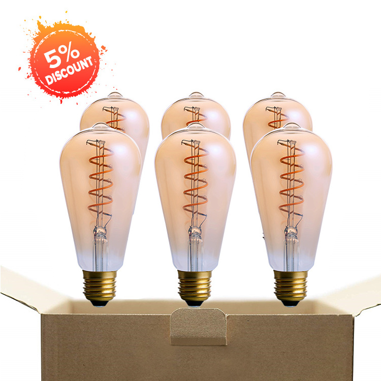 EU 6Pack Vintage E27 Edison Light Bulbs 40 Watts Equivalent ST64 Dimmable 4W LED Flexible Spiral Filament Decorative Light Bulbs