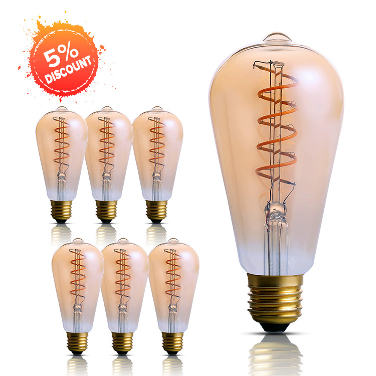 EU 6Pack Vintage E27 Edison Light Bulbs 40 Watts Equivalent ST64 Dimmable 4W LED Flexible Spiral Filament Decorative Light Bulbs