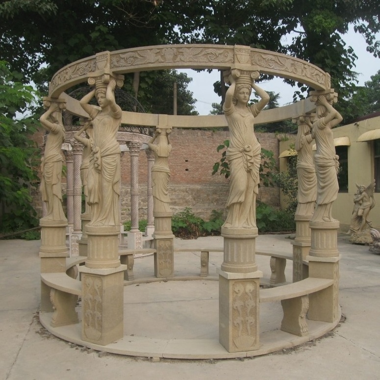 outdoor hand carved life size natural stone garden marble round gazebo with statues for sale