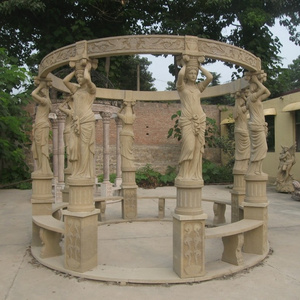 outdoor hand carved life size natural stone garden marble round gazebo with statues for sale