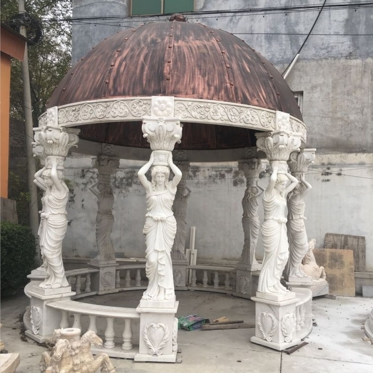 outdoor hand carved life size natural stone garden marble round gazebo with statues for sale