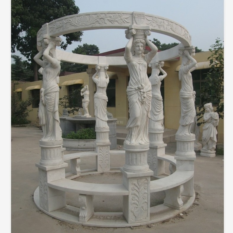 outdoor hand carved life size natural stone garden marble round gazebo with statues for sale