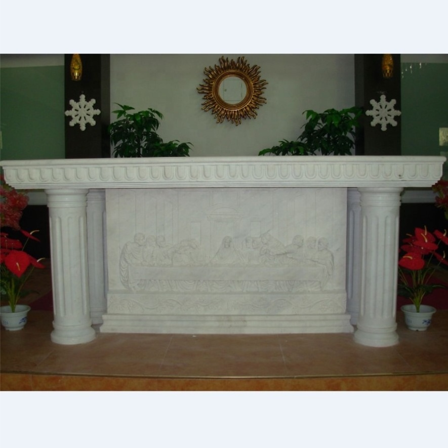 church catholic Natural white Marble Altars Table With pillars and last supper sculpture