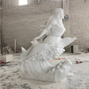 life size natural white marble stone mermaid statue sculpture with dolphin