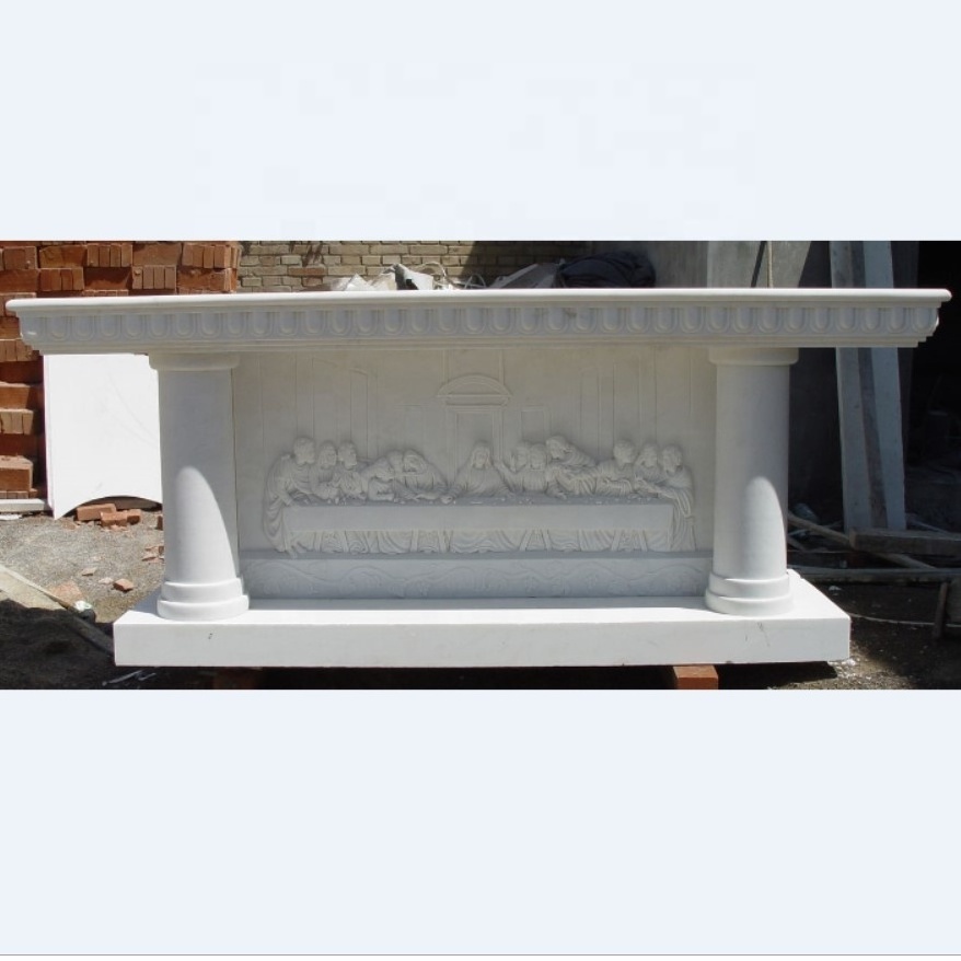 church catholic Natural white Marble Altars Table With pillars and last supper sculpture