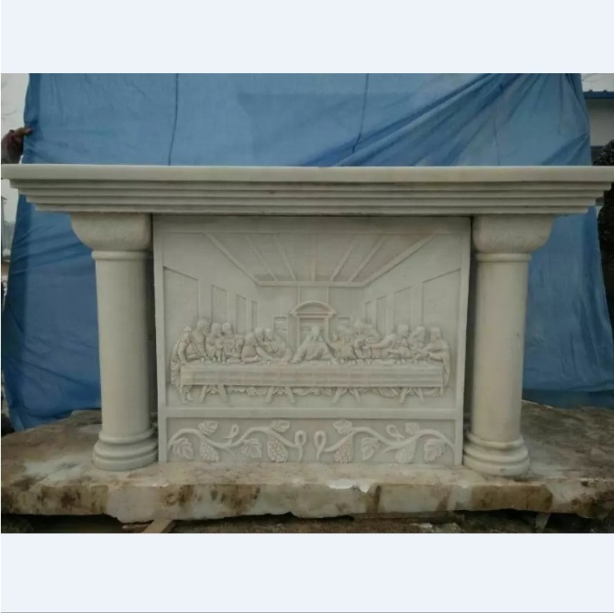 church catholic Natural white Marble Altars Table With pillars and last supper sculpture