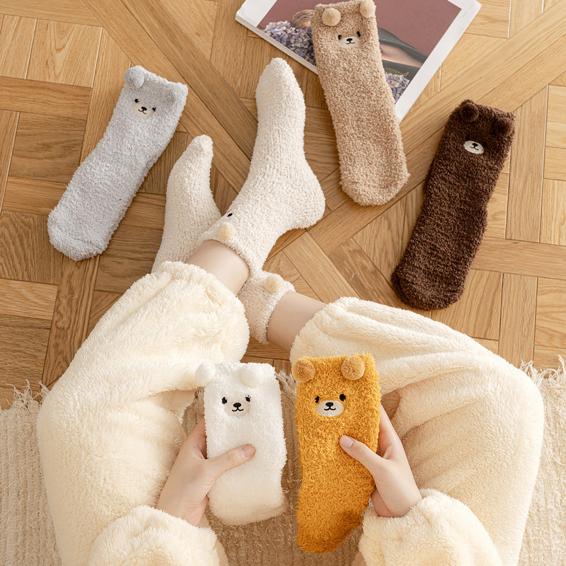 Coral fleece socks women's popular carpet and velvet winter cute bear thickened floor sleeping fuzzy socks