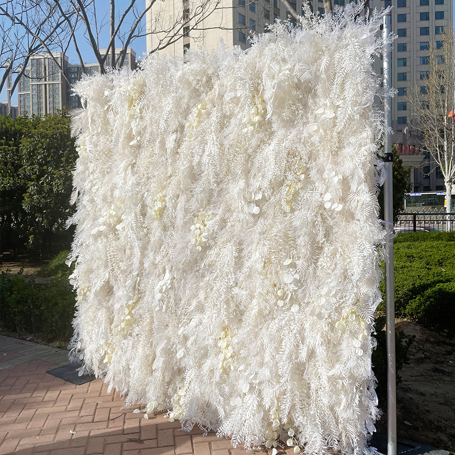 Promise Customized Long Drapery Cream White 3D Hairy Feather Flower Wall With Butterfly Orchid Roll Up Floral Wall