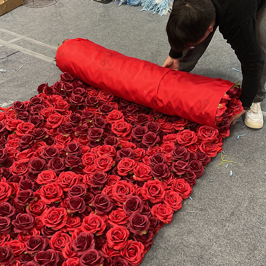 Promise Oem 8*8ft Cloth 3D 5D Roll Up Flowers Backdrop Wedding Rose Backdrop Fabric Floral Wall Panel WED red Flower Wall