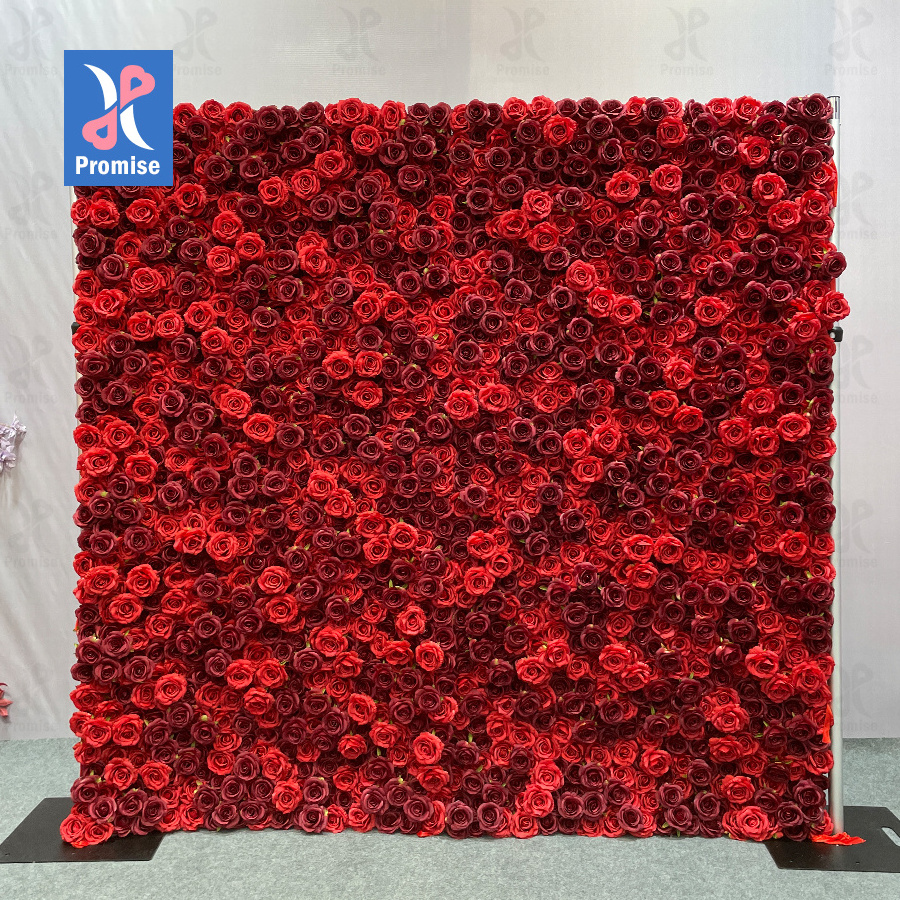 Promise Oem 8*8ft Cloth 3D 5D Roll Up Flowers Backdrop Wedding Rose Backdrop Fabric Floral Wall Panel WED red Flower Wall