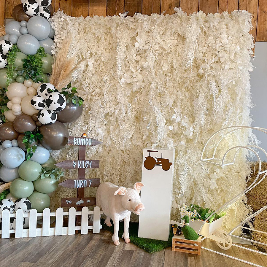 Promise Customized Long Drapery Cream White 3D Hairy Feather Flower Wall With Butterfly Orchid Roll Up Floral Wall