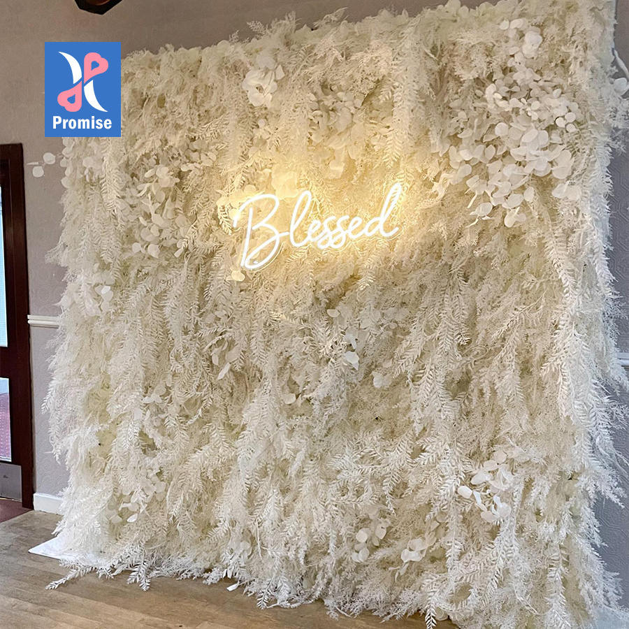 Promise Cheap Decorative Wedding Decor 3D White Artificial Roll Up Pampas Grass Flower Wall Panel Backdrop