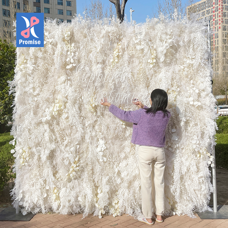 Promise Customized Long Drapery Cream White 3D Hairy Feather Flower Wall With Butterfly Orchid Roll Up Floral Wall