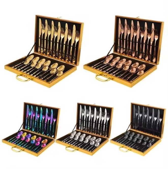 Cutlery Set Knife Fork Spoon Flatware Set Stainless Steel Luxury Gold 24pcs Travel Giftbox Dinnerware Sets Provided for 2 Users